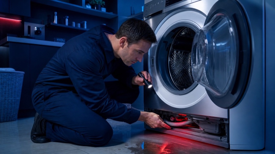 Technician checking a washer for a water leak