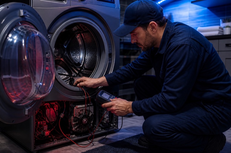 Technician diagnosing a washer that is not spinning
