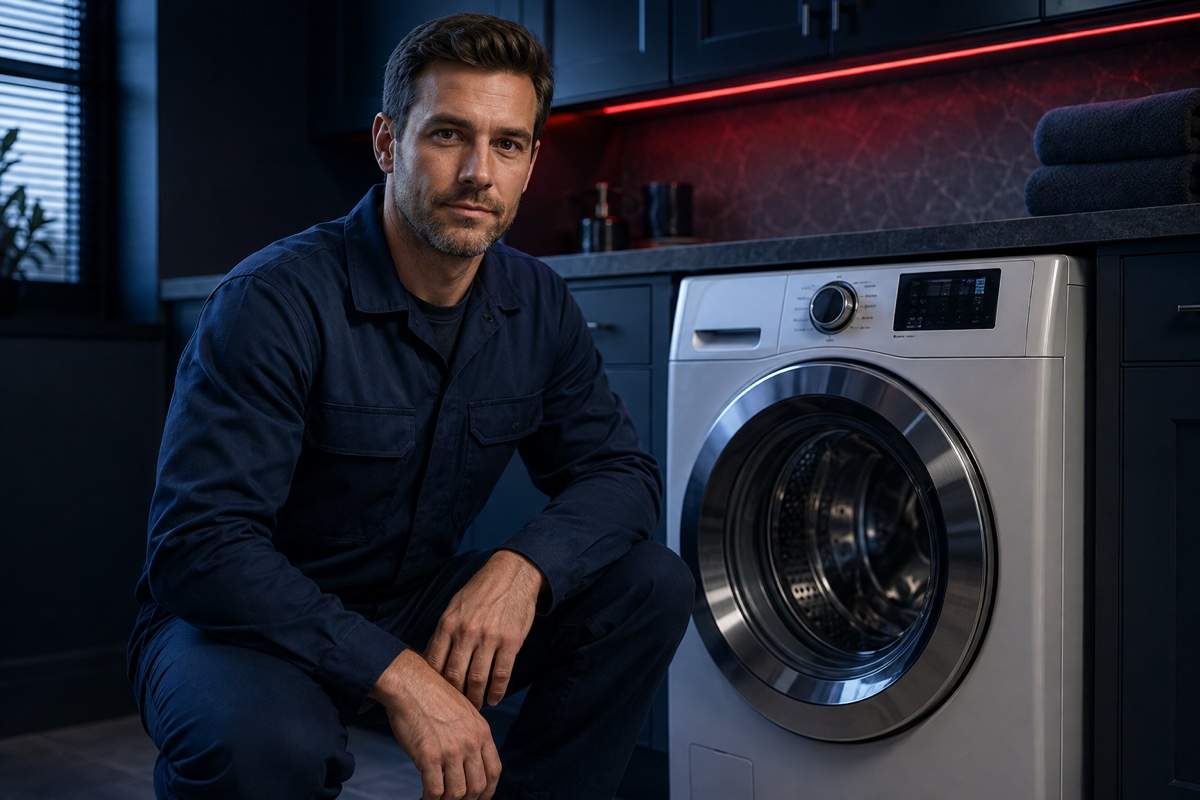Appliance Repair Master technician with a premium washer in an upscale laundry room