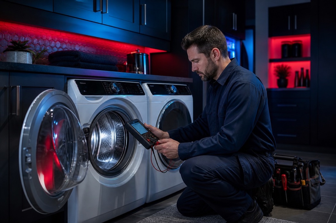 Appliance Repair Master washer technician reviewing repair next steps