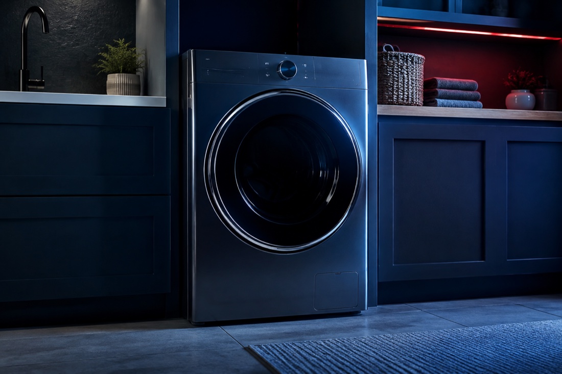 Closed premium washer in an upscale laundry room with blue and red lighting