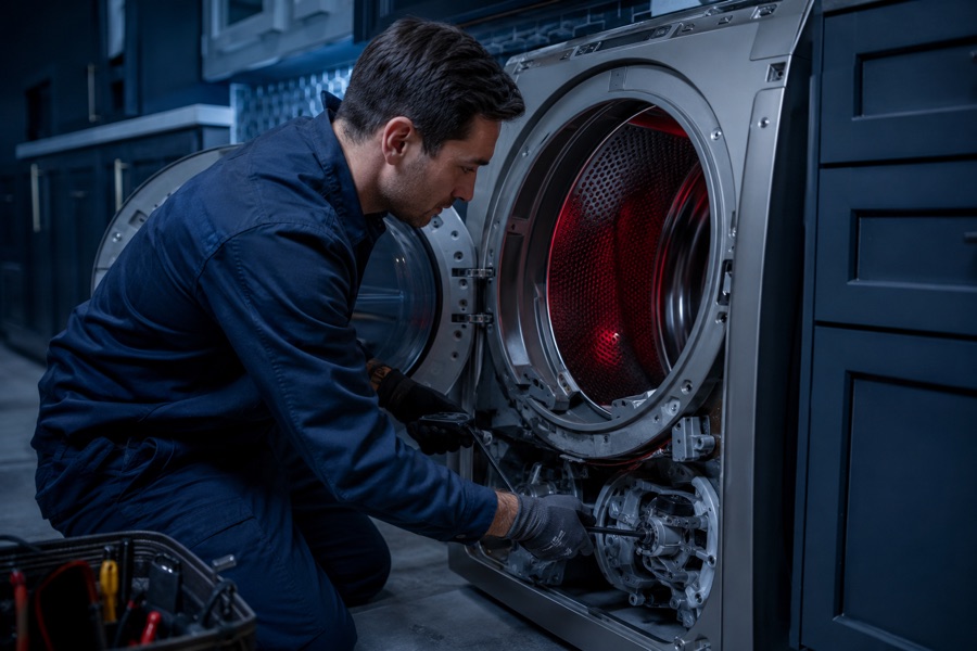 Technician inspecting dryer drum and drive components