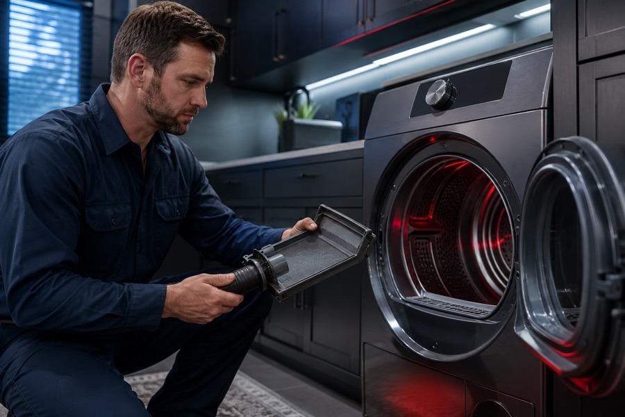 Technician inspecting dryer airflow and long drying time