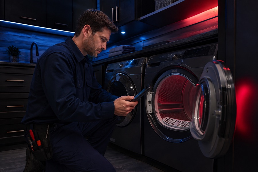Technician diagnosing a dryer that stops during a cycle