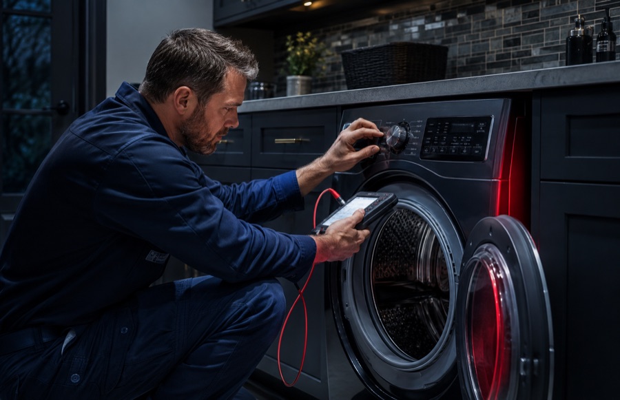 Technician checking dryer controls for a dryer that will not start