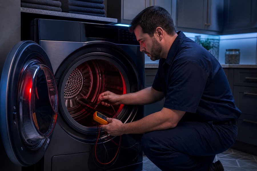 Technician diagnosing a dryer not heating