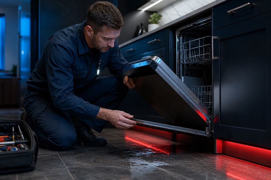 Technician checking dishwasher door seal for a water leak
