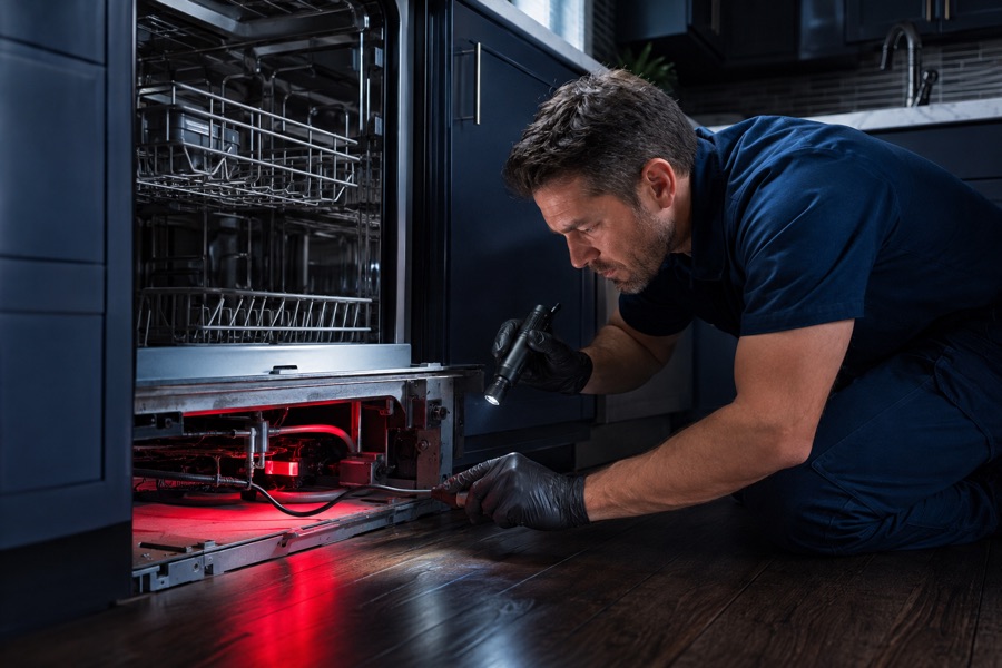 Technician diagnosing dishwasher water inlet issue