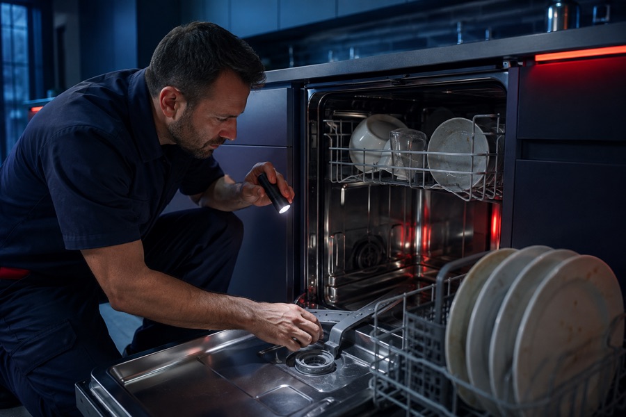 Technician inspecting dishwasher spray arms and dirty dishes
