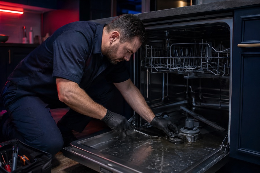 Technician inspecting dishwasher drain and filter area