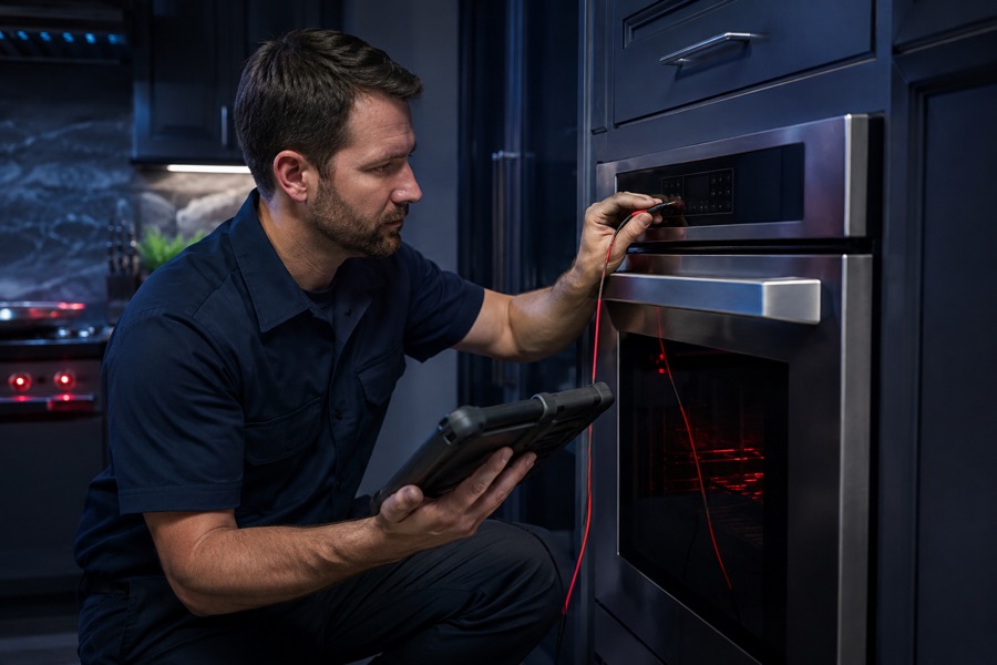 Technician diagnosing oven controls when an oven will not turn on