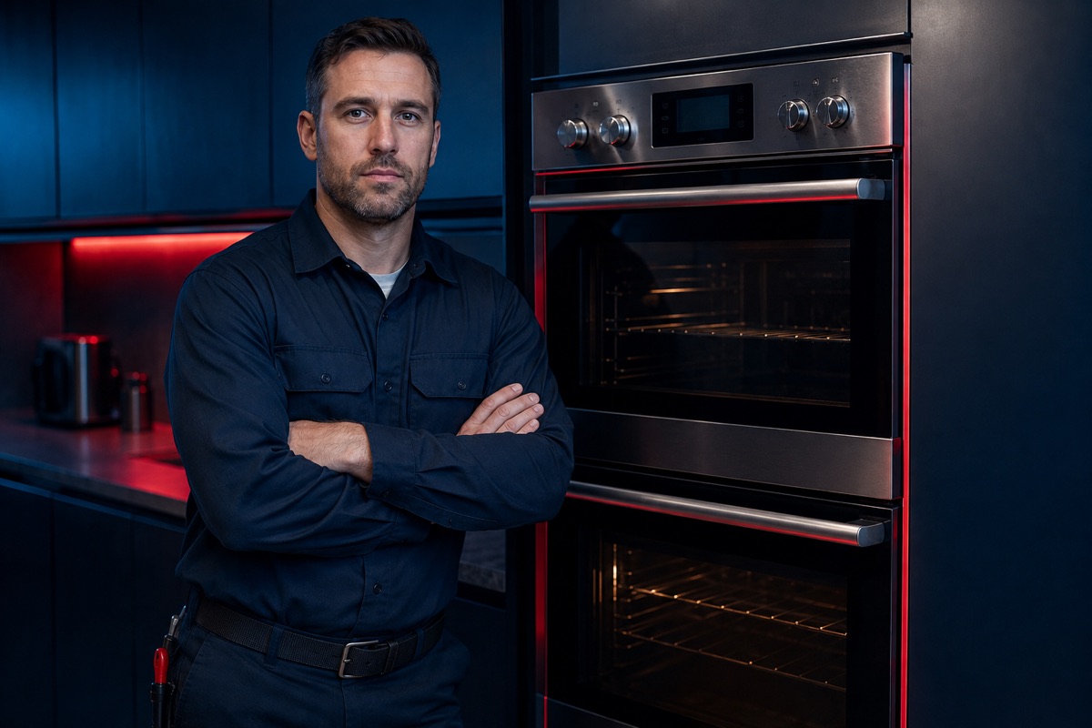 Oven technician standing beside a premium built-in oven