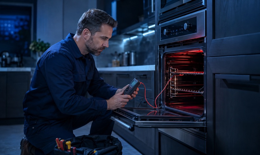 Technician diagnosing an oven that is not heating