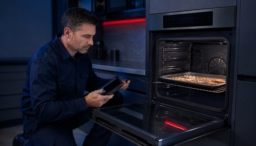 Technician inspecting a built-in oven for uneven baking