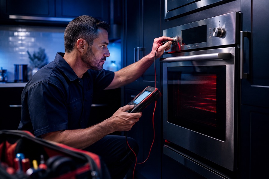 Technician diagnosing oven control panel and error code issues
