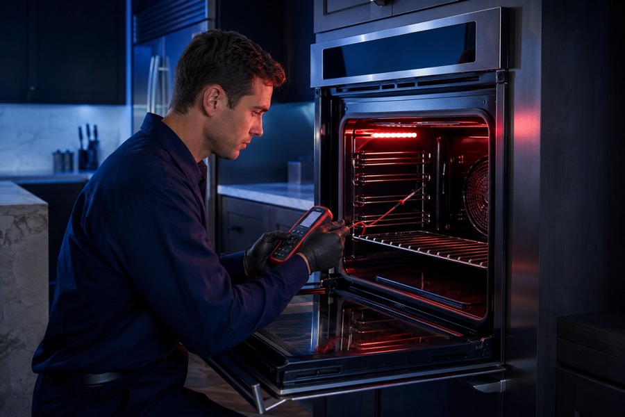 Technician checking oven temperature accuracy with diagnostic tools