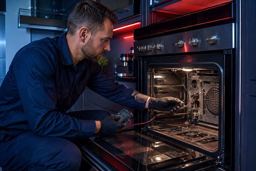 Technician inspecting a gas oven ignition issue