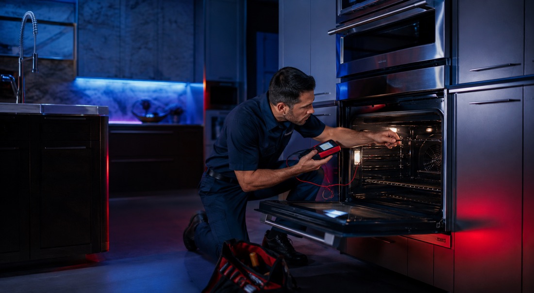 Technician servicing a common and high-end built-in oven