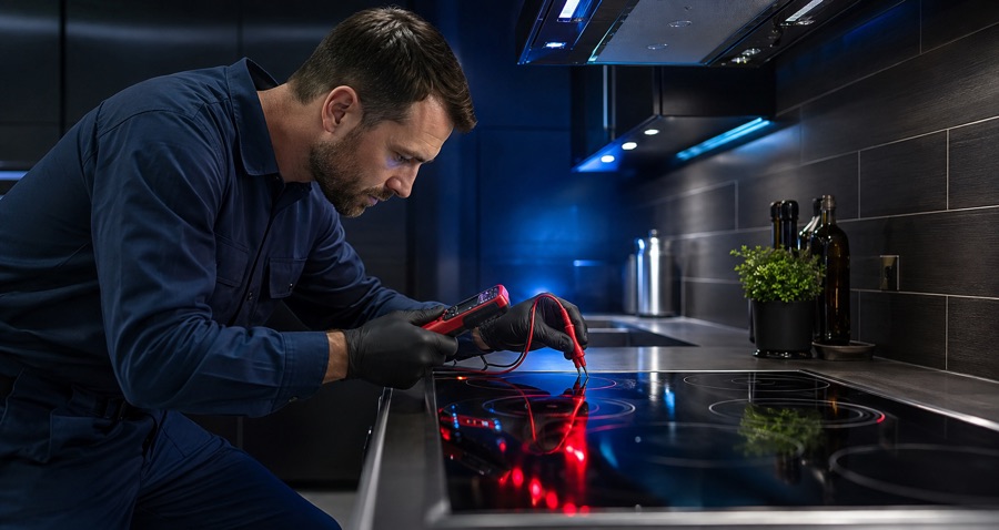 Technician diagnosing an electric stove burner that is not heating