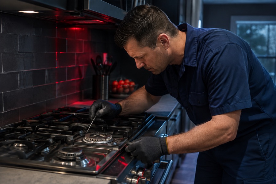 Technician diagnosing weak or uneven gas stove flame