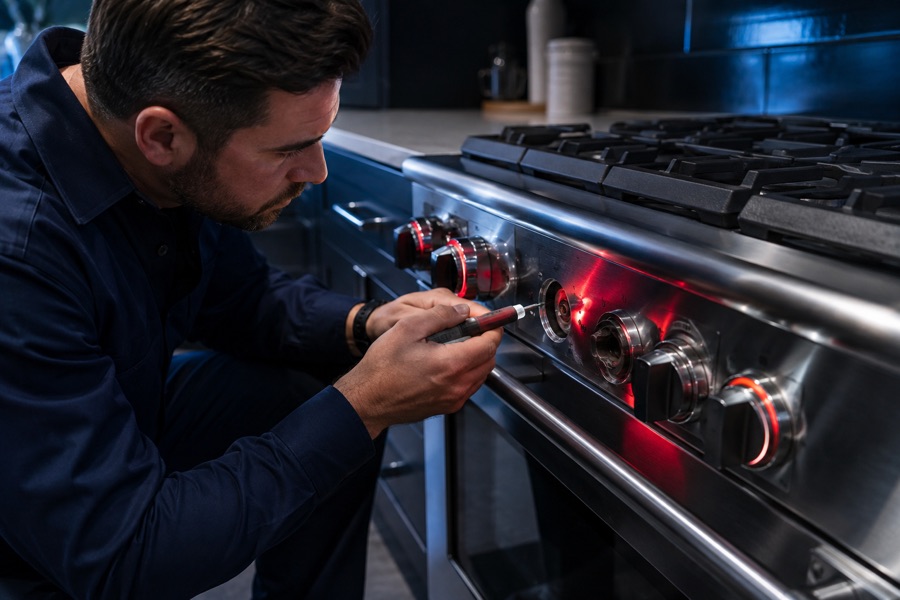 Technician inspecting broken stove knobs and switches