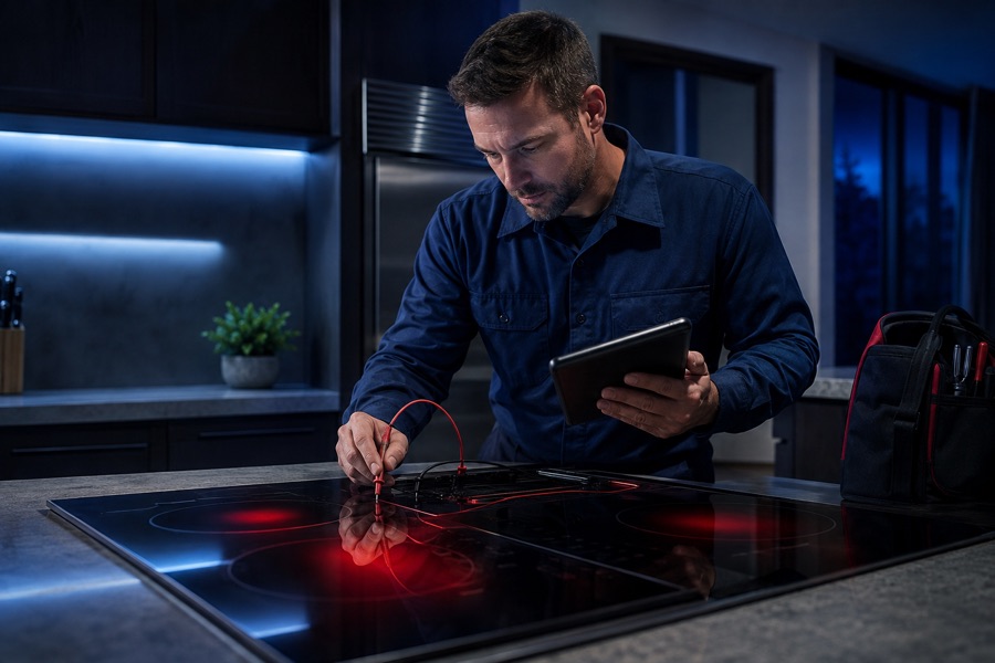 Technician diagnosing cooktop control problems