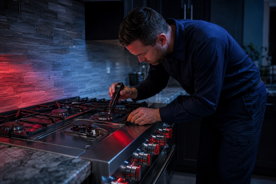 Technician inspecting a clicking stove igniter