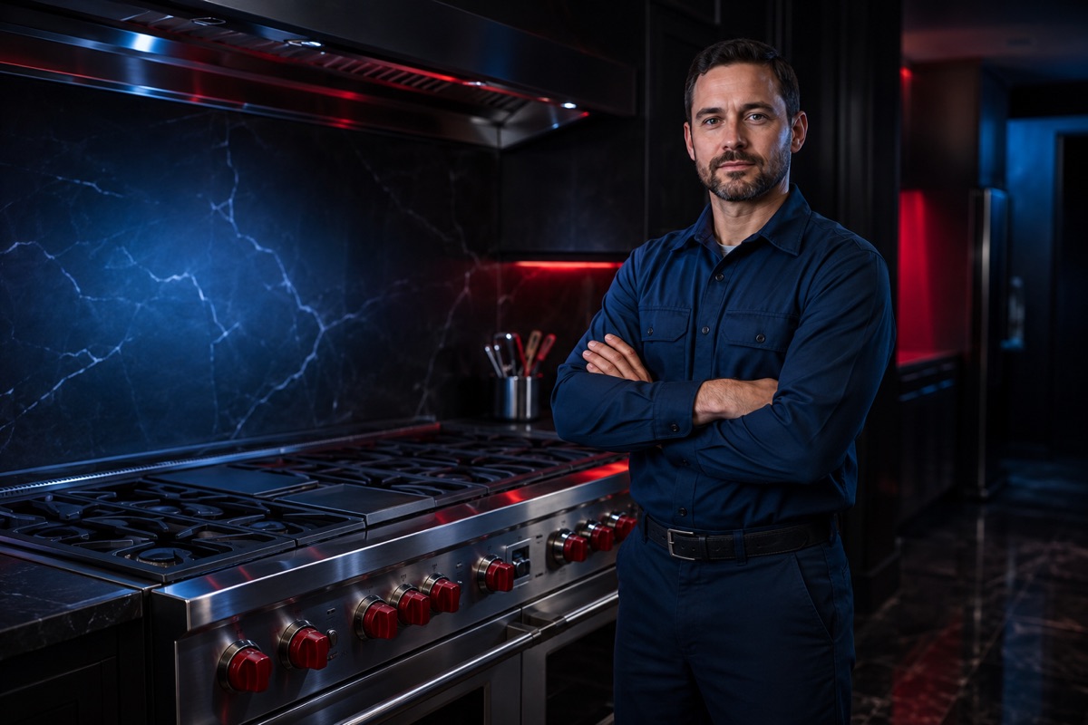 Stove technician standing beside a premium range