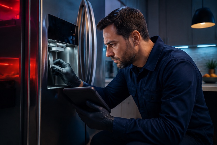 Technician diagnosing an ice dispenser problem