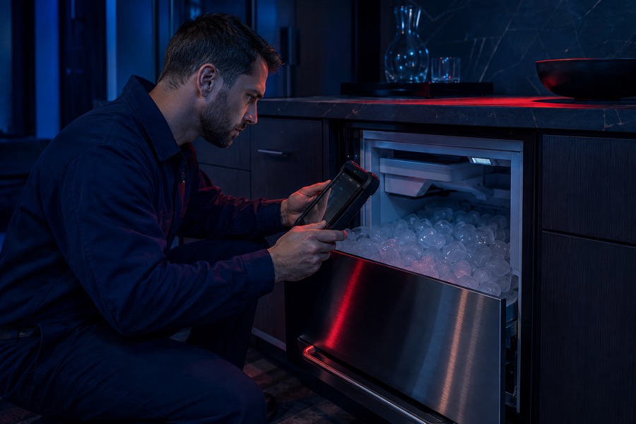 Technician checking slow ice production in a built-in ice maker