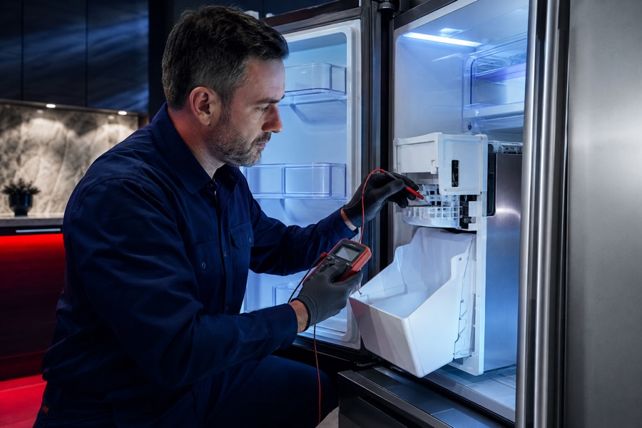 Technician diagnosing an ice maker that is not making ice