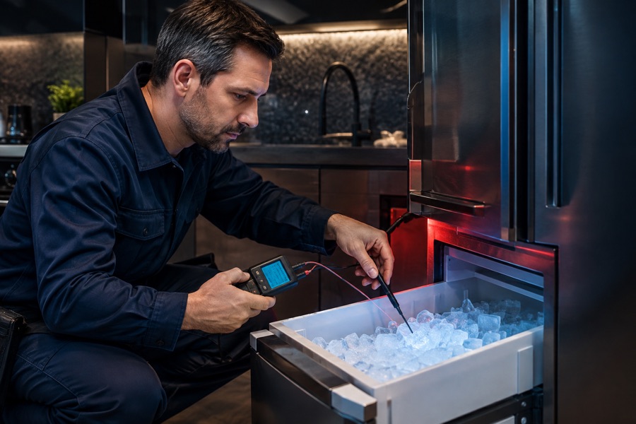 Technician checking small or hollow ice cubes from an ice maker