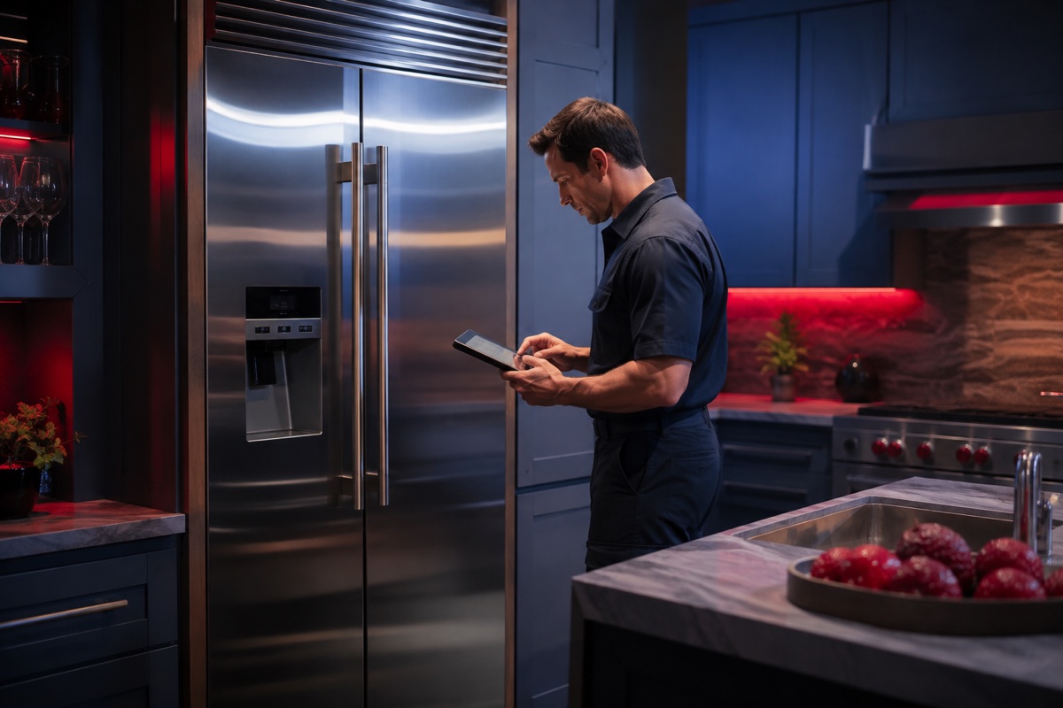 Technician diagnosing a built-in high-end refrigerator