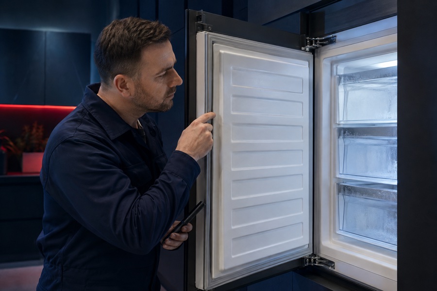 Technician inspecting a freezer door gasket and seal