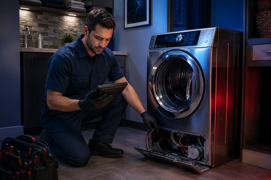 Technician diagnosing strange washer noises