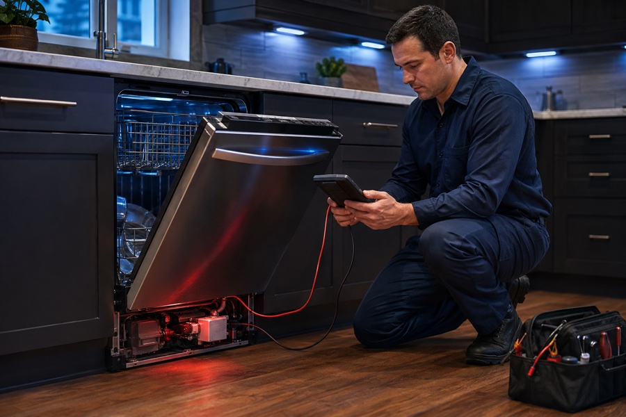 Technician diagnosing strange dishwasher noises