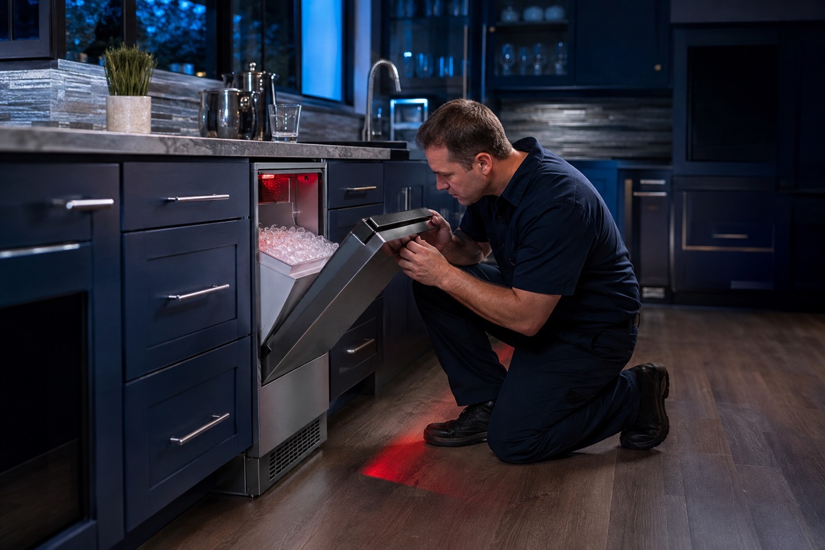 Technician standing beside a premium built-in ice maker