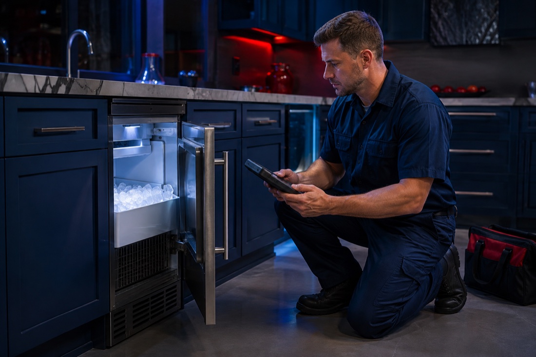 Technician inspecting a built-in ice maker in a modern kitchen
