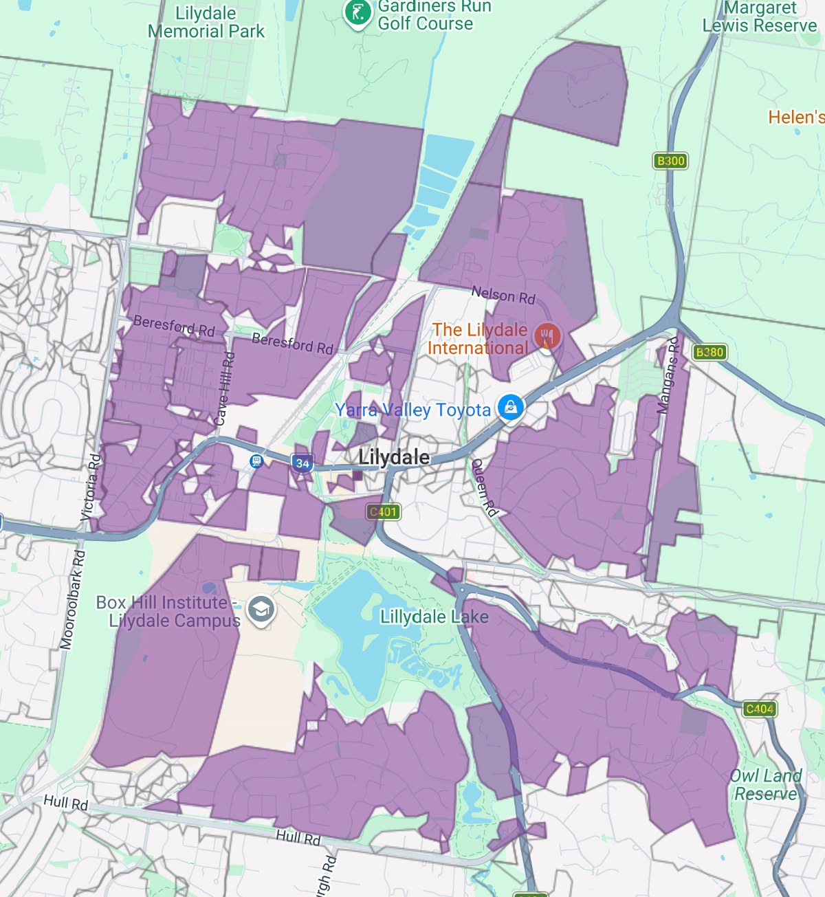 Map of Lilydale, Victoria with the delivery areas shaded in purple