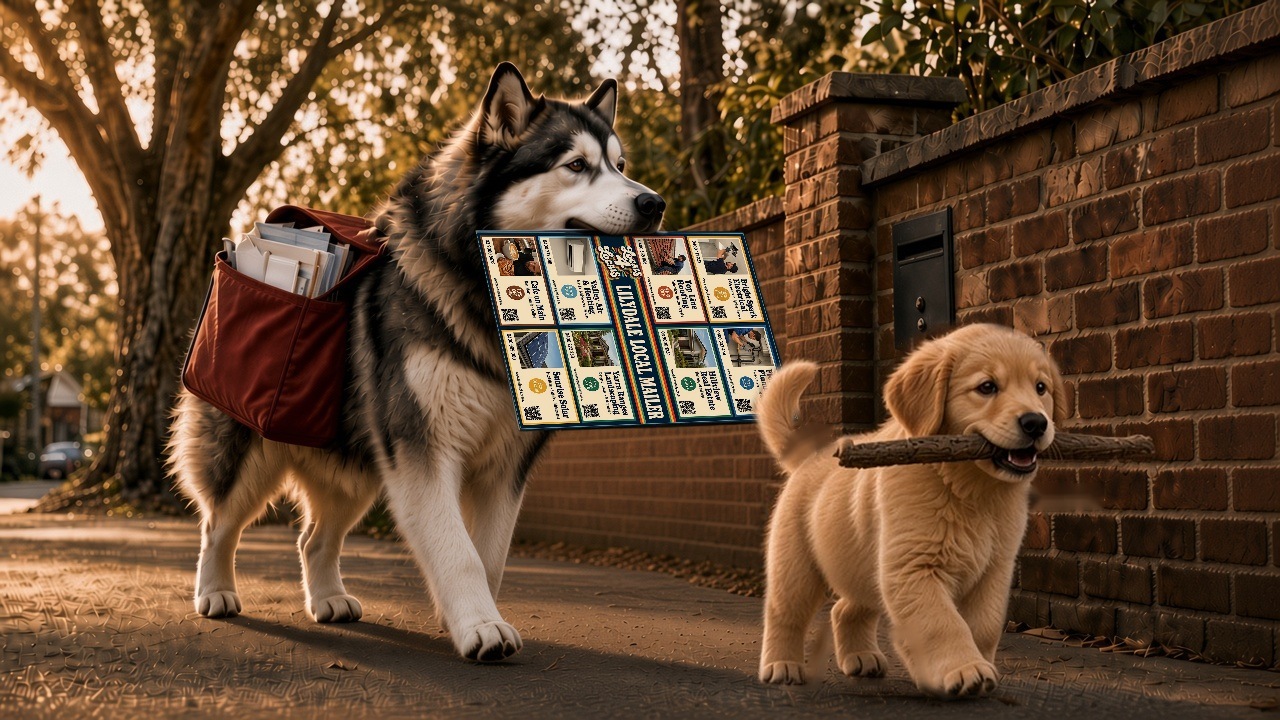 A Malamute carrying the Lilydale Local Mailer past a brick letterbox, with a golden retriever puppy beside it