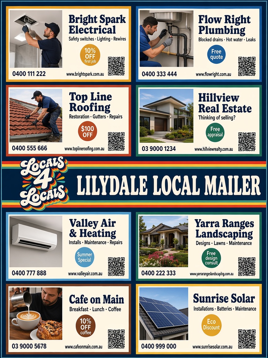Example Lilydale Local Mailer card design with sample business ads