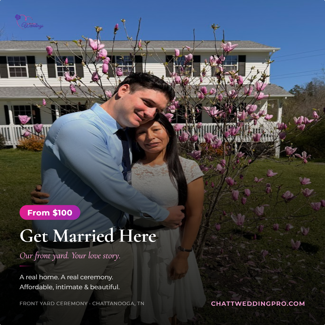 Couple embracing in front of the white house and a blooming magnolia tree