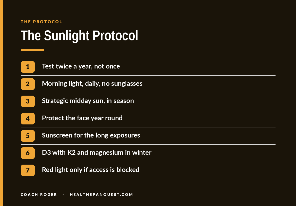 Seven step sunlight protocol: test twice a year, morning light daily, strategic midday sun, protect the face, sunscreen for long exposures, D3 with K2 in winter, red light last Seven step sunlight protocol: test twice a year, morning light daily, strategic midday sun, protect the face, sunscreen for long exposures, D3 with K2 in winter, red light last