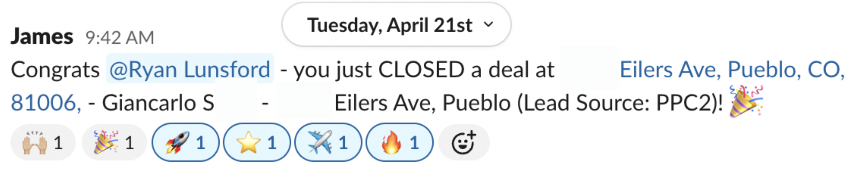 Slack message announcing the closed deal