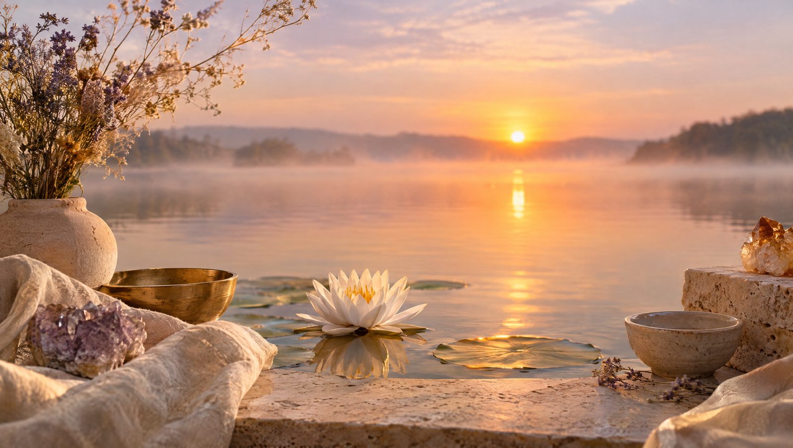 Nufăr alb pe un lac liniștit, la apus