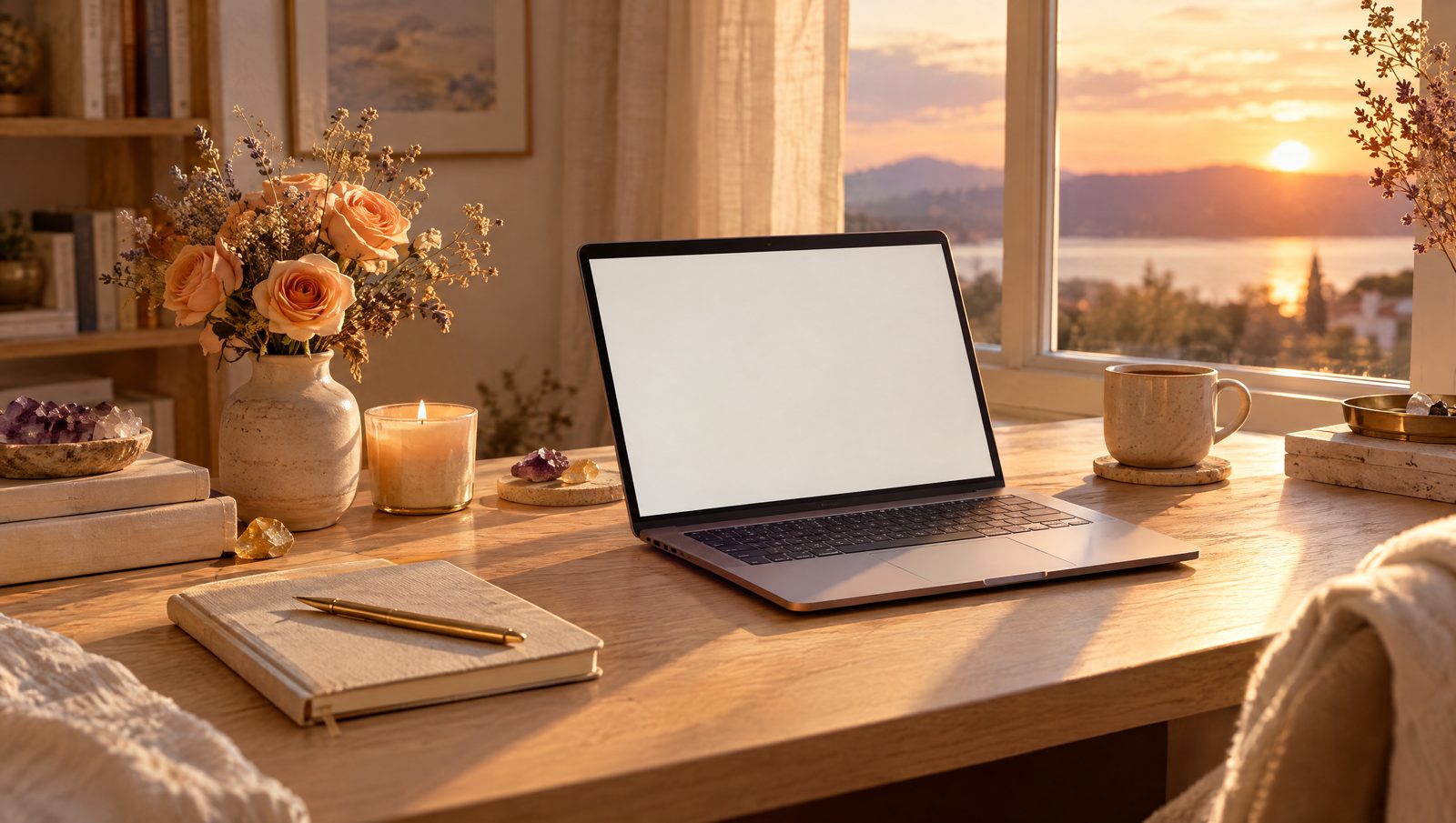 Birou de acasă la apus, cu laptop, caiet și lumânare