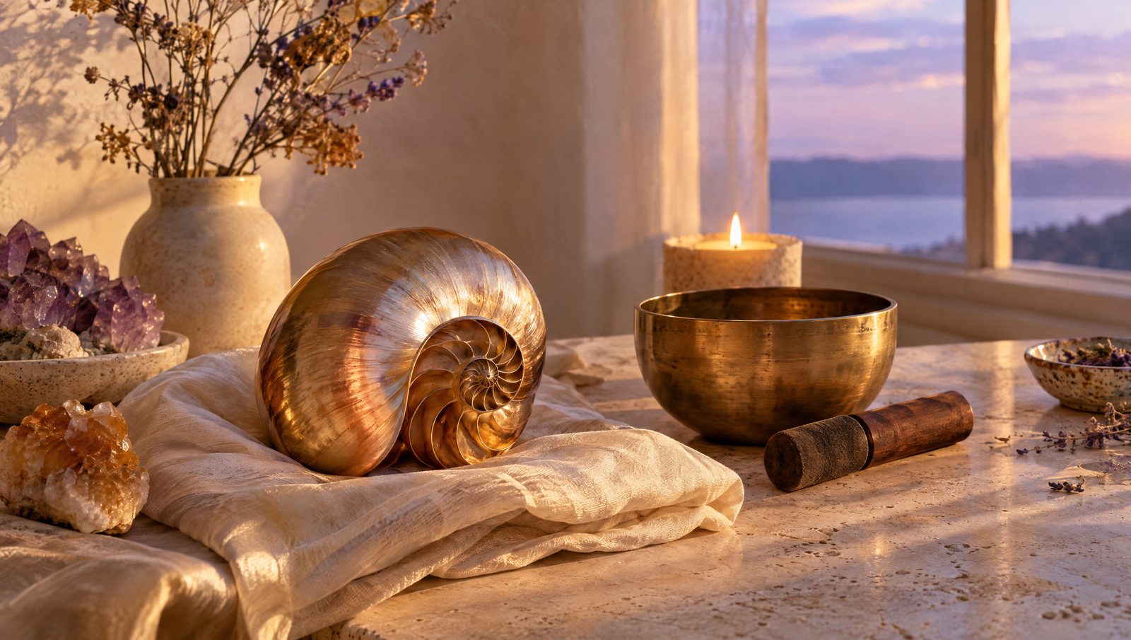 Scoică nautilus aurie și castron tibetan, în lumina amurgului