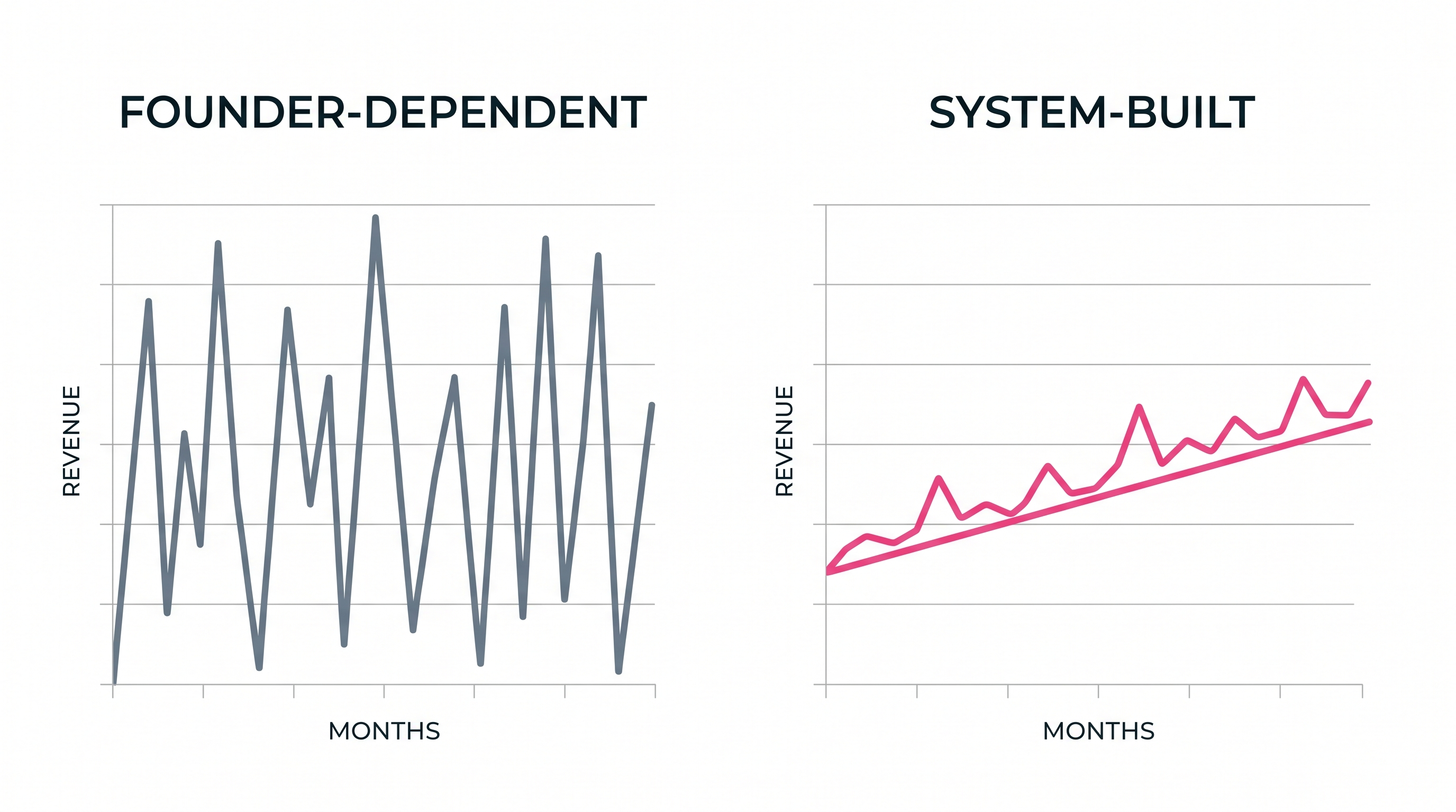 Revenue pattern comparison chart showing the irregular feast and famine cycle of a founder-dependent pipeline against the steady rising baseline of a system-built predictable revenue model for Malaysian SMEs