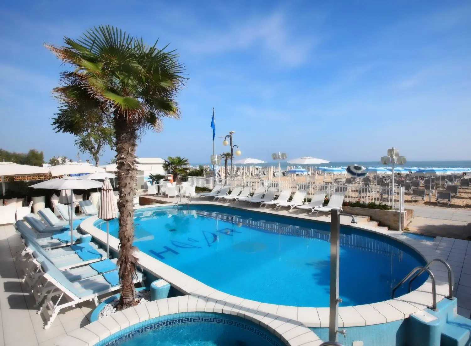La piscina dell'Hotel Rivamare con la palma e la spiaggia di Jesolo sullo sfondo