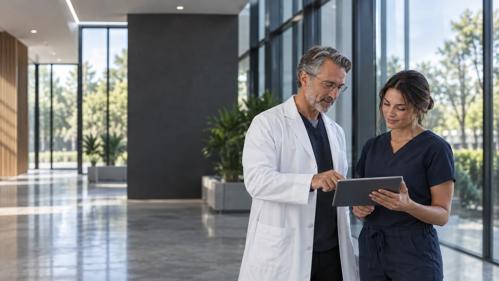 Connecting practices with pharmacy partners Illustrative image of two healthcare professionals reviewing a tablet